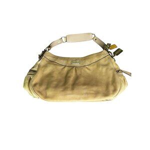 Coach Large Hobo Bag In Tan Leather With Brass Hardware & Purple Lining